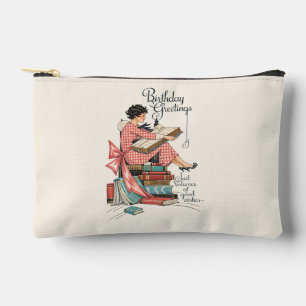 Vintage Book Lover Birthday Illustration Accessory Pouch