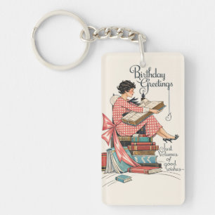 Vintage Book Lover Birthday Illustration Key Ring