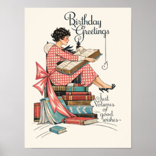 Vintage Book Lover Birthday Illustration Poster