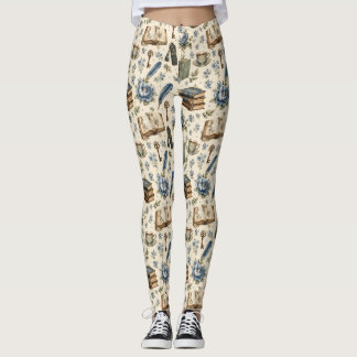 Vintage Book Lover Floral Pattern | Blue Botanical Leggings