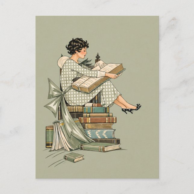 Vintage Book Lover Illustration Postcard (Front)