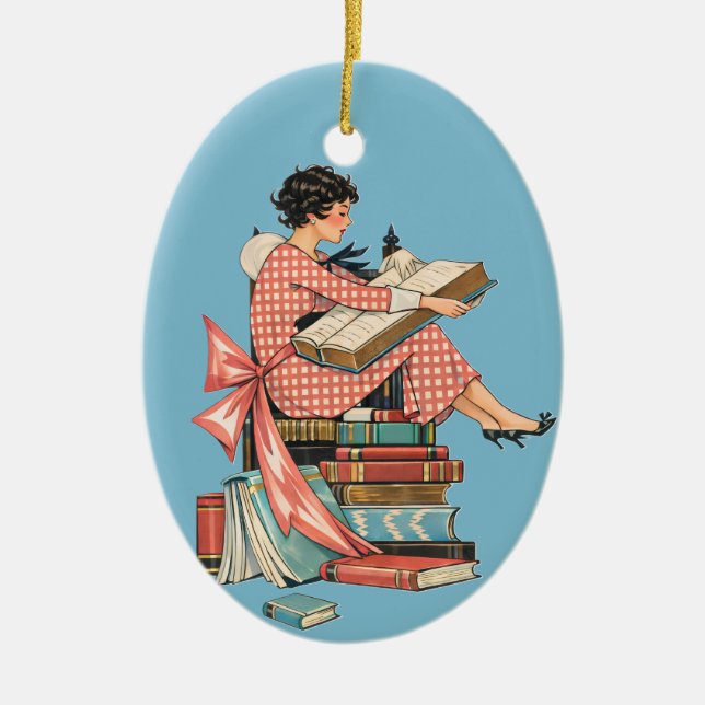 Vintage Book Lover Reading Illustration Ceramic Ornament (Front)