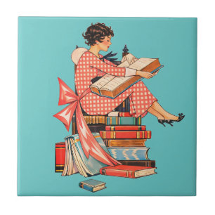 Vintage Book Lover Reading Illustration Ceramic Tile