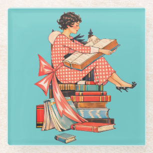 Vintage Book Lover Reading Illustration Glass Coaster