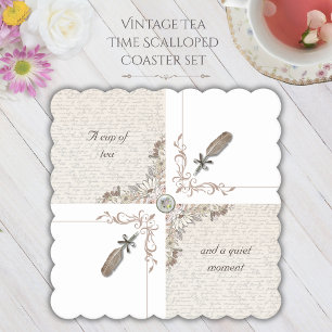 Vintage Book Lover Tea Time Scalloped Coasters