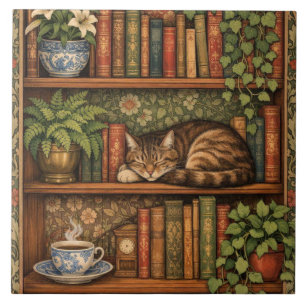 Vintage book shelf with cat and coffee ceramic tile