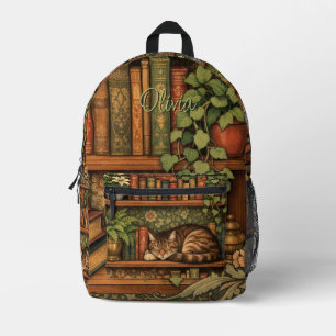 Vintage book shelf with cat and coffee printed backpack