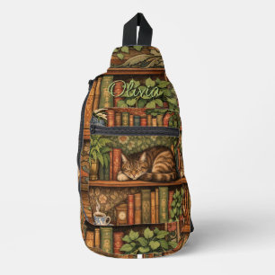 Vintage book shelf with cat and coffee sling bag