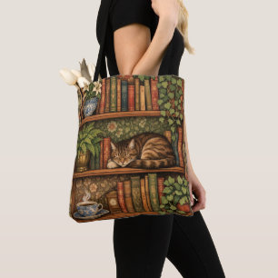Vintage book shelf with cat and coffee tote bag