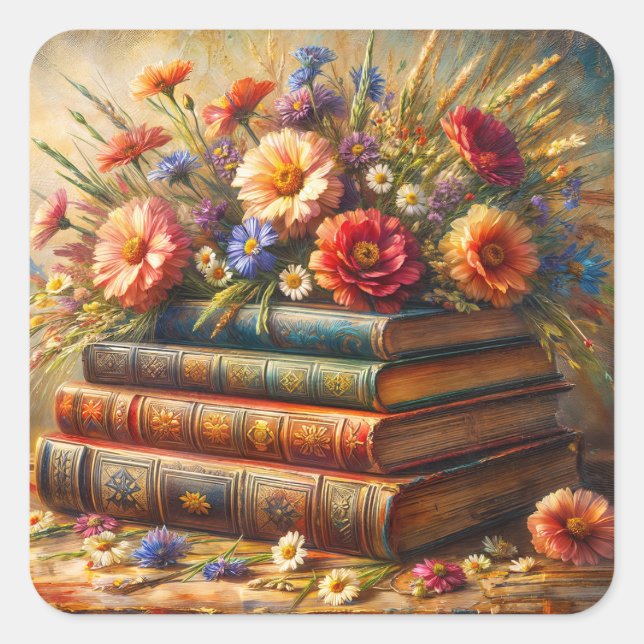 Vintage Book Stack Floral Art Square Sticker (Front)