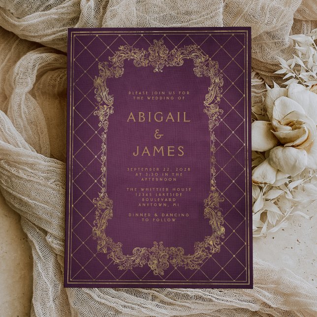 Vintage Book Violet Red Gold Wedding Invitation (A unique choice for a vintage purple and gold themed wedding.)