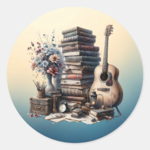 Vintage Books, Acoustic Guitar and Vase of Flowers Classic Round Sticker