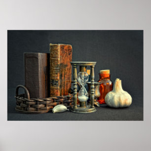 Vintage books and hourglass poster