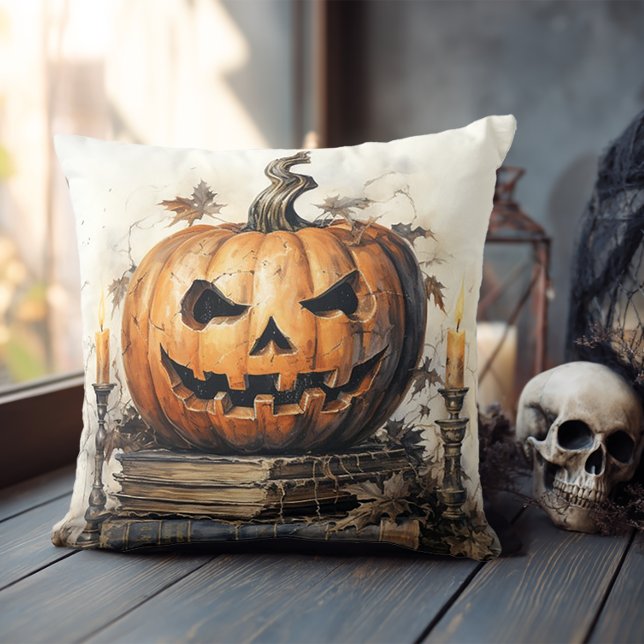 Vintage Books and JackOLantern Halloween Cushion (Spooky Halloween Pillow)