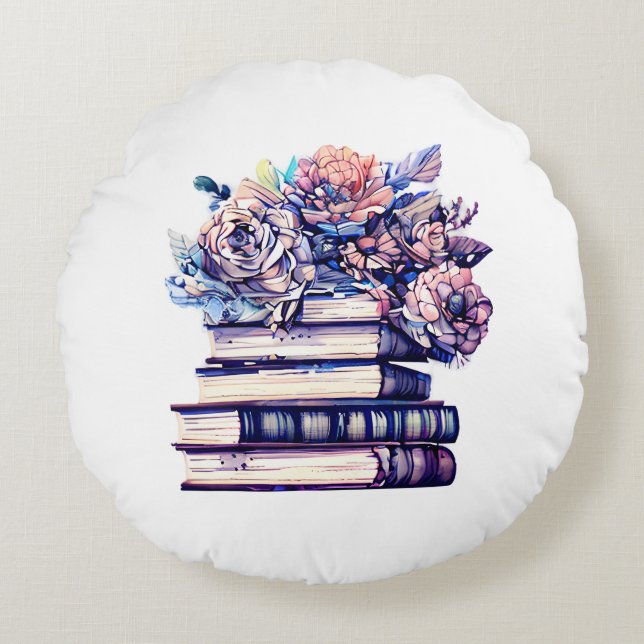 Vintage Books and Pink Roses Quote Round Cushion (Front)