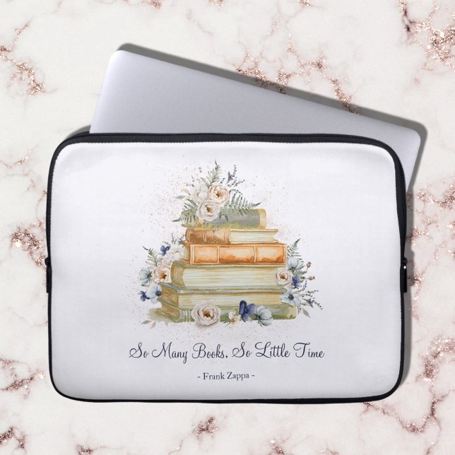 Vintage Books Beige Blue Flowers Custom Quote Laptop Sleeve (Close up)