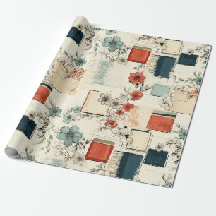 Vintage Books Coral Teal Floral Scrapbook Wrapping Paper