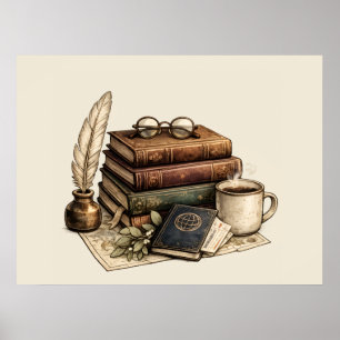 Vintage Books & Cosy Reading Nook   Poster
