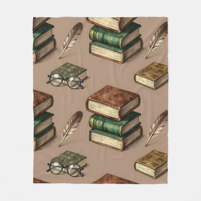 Vintage Books Feathers Glasses Pattern Fleece Blanket (Front)