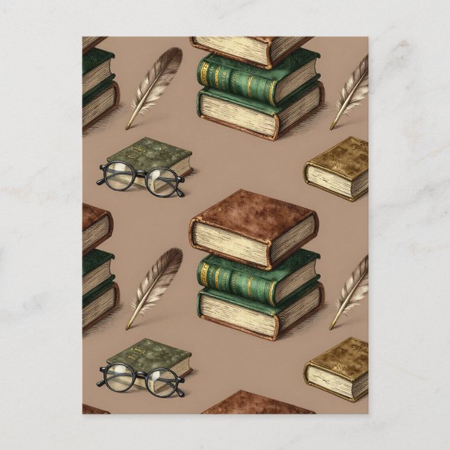 Vintage Books Feathers Glasses Pattern Postcard (Front)