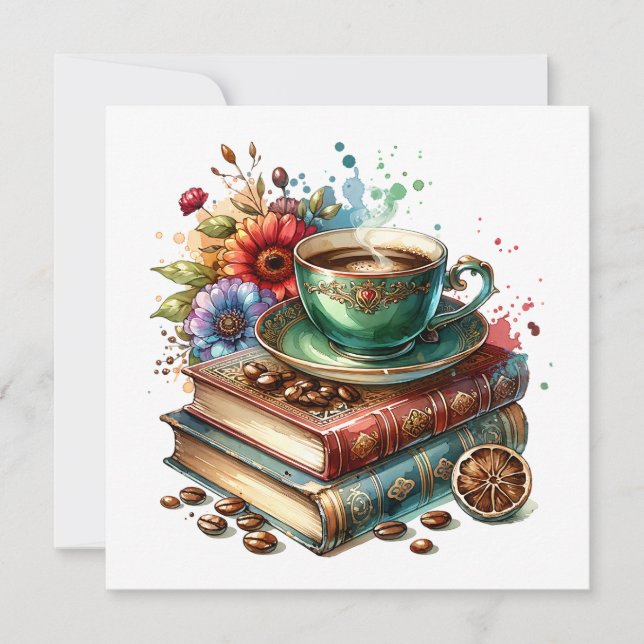  Vintage Books, Flowers and Coffee  Card (Front)