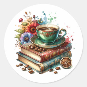  Vintage Books, Flowers and Coffee or Tea Classic Round Sticker