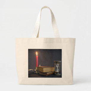 Vintage books, hourglass and candle large tote bag