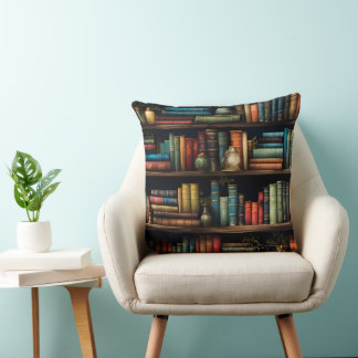 Vintage Books on Bookshelf Pattern Cushion