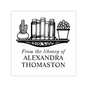 Vintage Books on Shelf with Plants Library Name Self-inking Stamp