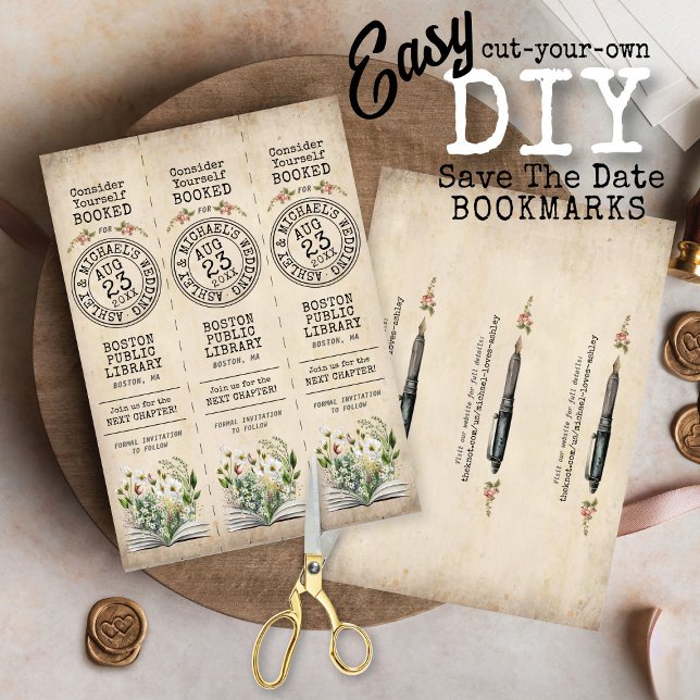 Vintage Books Wedding Save the Date DIY Bookmark (VIntage library card wildflower floral book theme wedding invitation save the date bookmarks DIY)