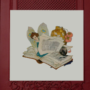 Vintage Bookworm Fairy Reading Illustration Ceramic Tile