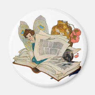 Vintage Bookworm Fairy Reading Illustration Magnet