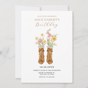 Vintage boots flower bouquet  birthday invitation
