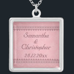 Vintage Bordeaux Deco Lace on Pink Wedding Silver Plated Necklace<br><div class="desc">A vintage style invitation for your upcoming nuptials featuring a bordeaux coloured art deco style lace trim on a pink background with a subtle damask pattern. The text is fully customisable for your own special occasion. This elegant design coordinates with the Vintage Bordeaux Deco Lace on Pink Wedding Collection. If...</div>