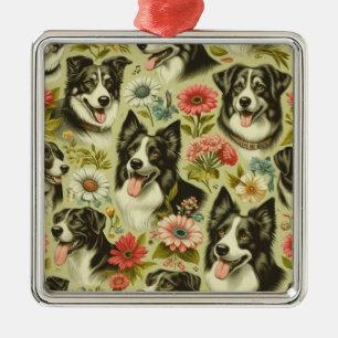 Vintage Border Collie Painting Metal Ornament
