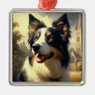 Vintage Border Collie Painting Metal Ornament