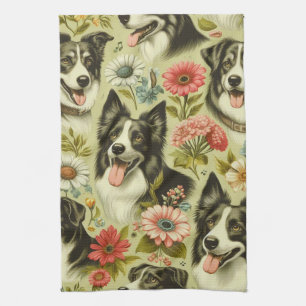 Vintage Border Collie Painting Tea Towel