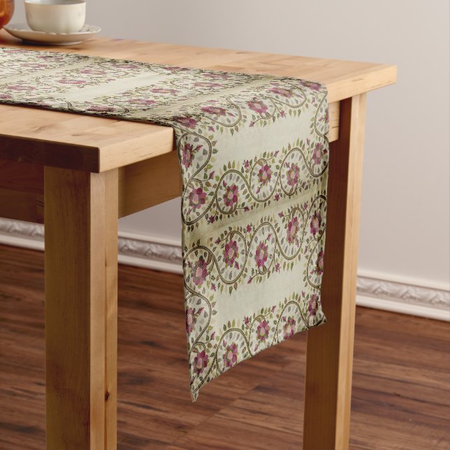 Vintage Border Garden Red Flowers Green  Short Table Runner (In Situ)