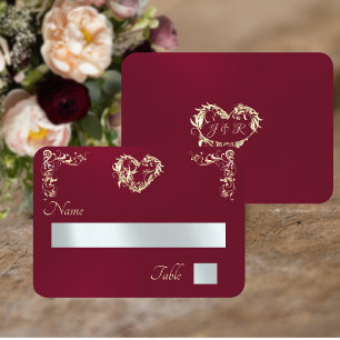 Vintage Border & Monogram - Burgundy Place Card