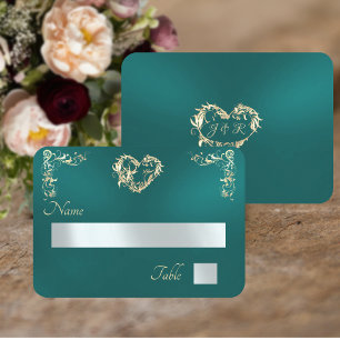 Vintage Border & Monogram - Teal Place Card