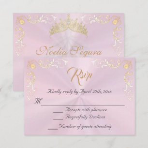 Vintage Border Quinceanera - Pastel Pink/Gold RSVP Card