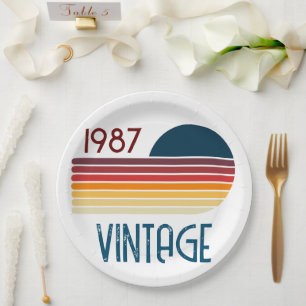Vintage Born in 1987 Retro Stripe 40th Birthday  Paper Plate