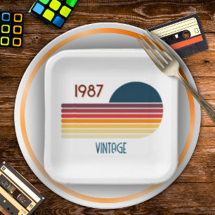 Vintage Born in 1987 Retro Stripe 40th Birthday  Paper Plate
