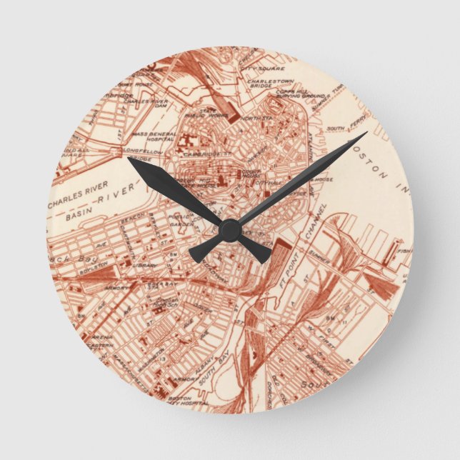 Vintage Boston Map Round Clock (Front)