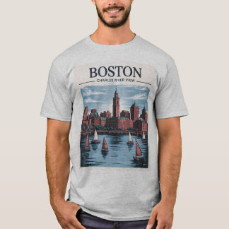 Vintage Boston Massachusetts Cityscape & Sailboats T-Shirt