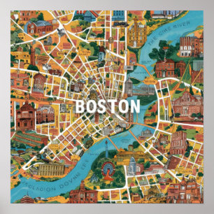 Vintage Boston Massachusetts Map, Boston Ma Us Map Poster