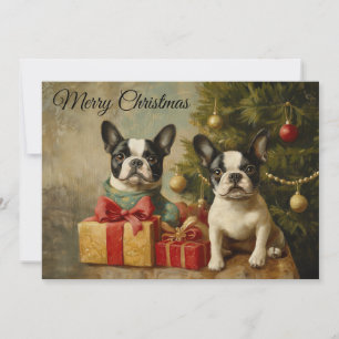 Vintage Boston Terrier Dogs Merry Christmas Holiday Card