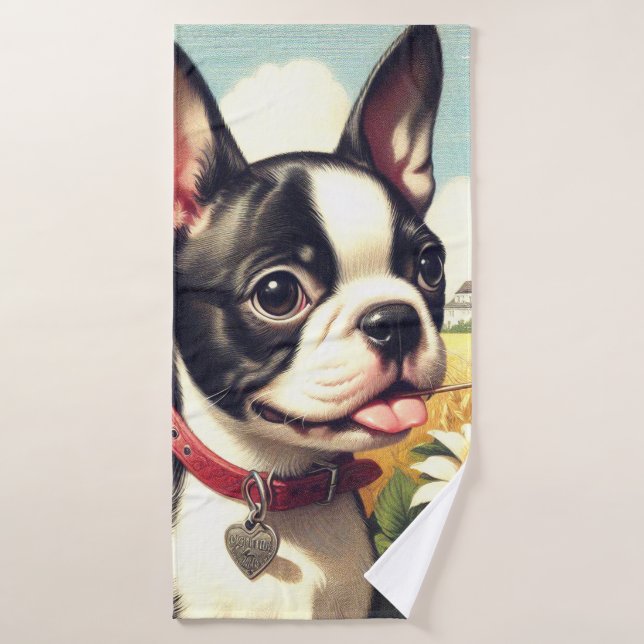 Vintage Boston Terrier Illustration Bath Towel (Bath Towel)