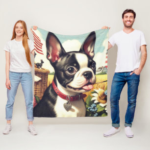 Vintage Boston Terrier Illustration Fleece Blanket