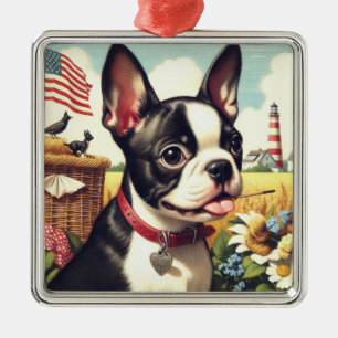 Vintage Boston Terrier Illustration Metal Ornament